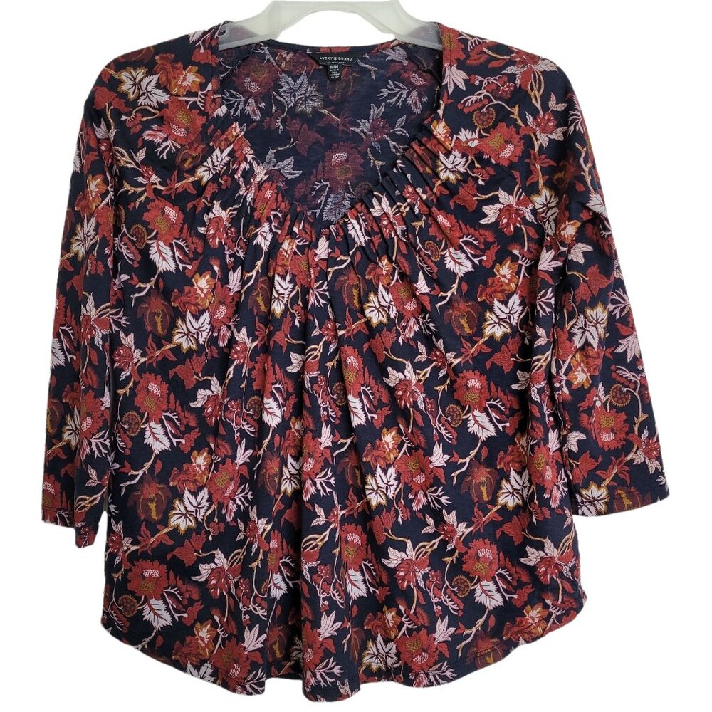 Lucky Brand Women's Shirt Floral Print Gathered Front Blouse Top Size Medium